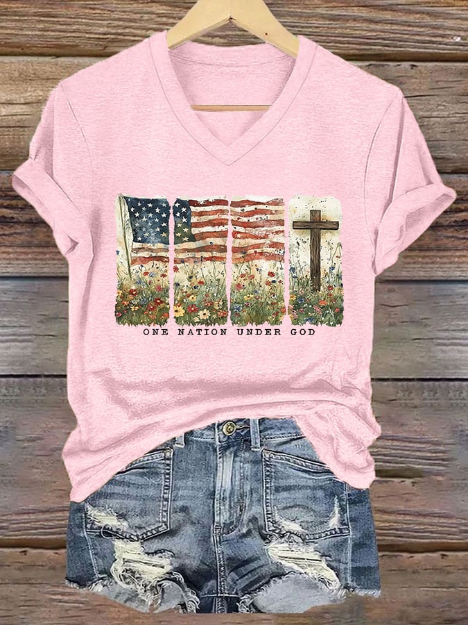Women'S Casual One Country Under God Faith Graphic Print Short Sleeve T-Shirt