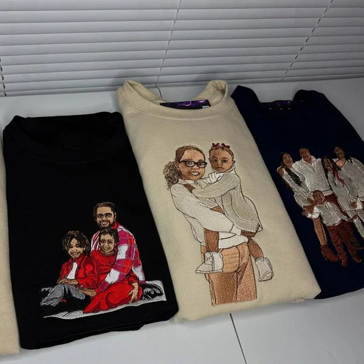 Loversdovey Custom Embroidered Hoodie Mama and Kids Portrait, Family Photo Sweatshirt