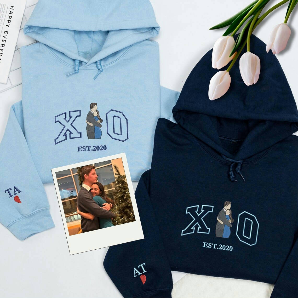 Loversdovey Customized Couples Hoodies | Embroidered Couple Portrait Matching Sweatshirt | Husband Wife Hoodies