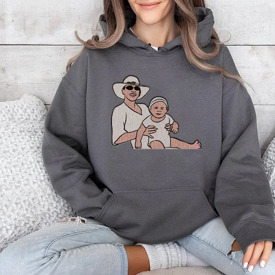 Loversdovey Custom Embroidered Hoodie Mama and Kids Portrait, Family Photo Sweatshirt