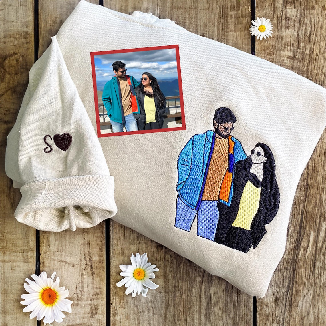 Couple Embroidered Sweatshirts Embroidered Portrait Sweatshirt Couple Portrait Sweatshirt Couple Gift Custom Photo And Text Shirt
