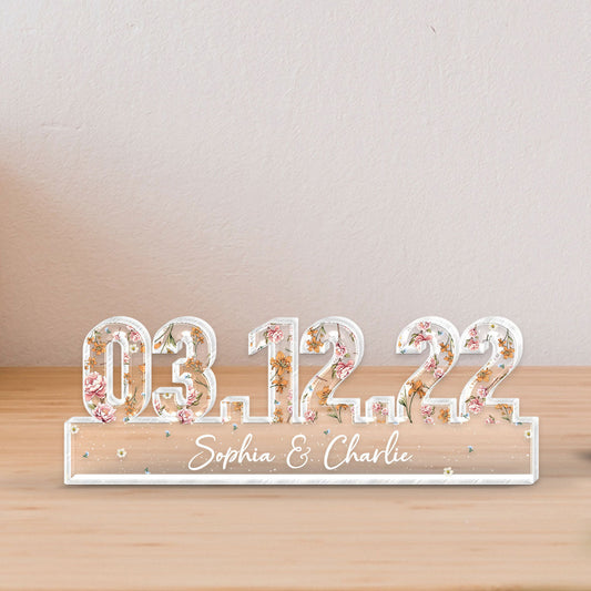 Couple Engagement Wedding Anniversary Special Date Custom Flower Printed Acrylic Block Plaque