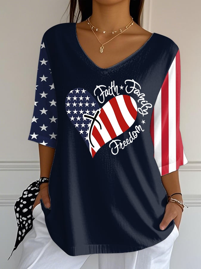 Women's Independence Day Love Faith Family Freedom Print Mid Sleeve T-Shirt