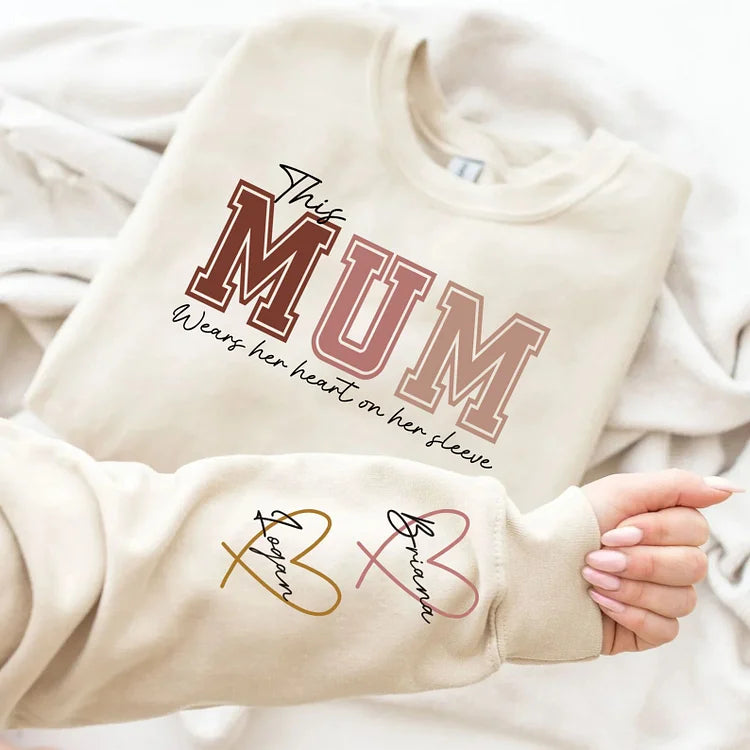 š„For Momš„Personalized MAMA Wears Her Heart On Her Sleeve Sweatshirt(Buy 2 Free Shipping)