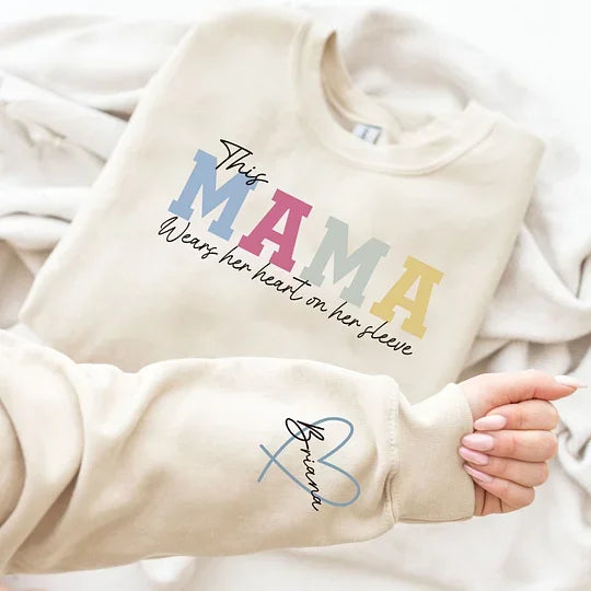 š„For Momš„Personalized MAMA Wears Her Heart On Her Sleeve Sweatshirt(Buy 2 Free Shipping)
