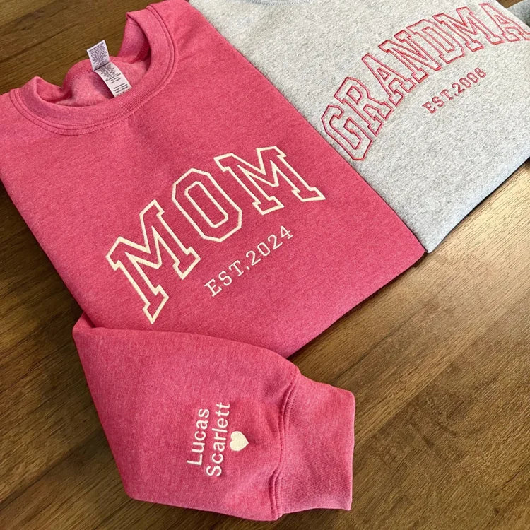 Custom Embroidered Sweatshirt With Your Child's Name And Heart On The Sleeve As A Mother’s/Father's Day Gift