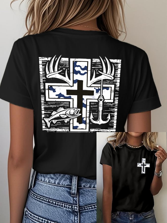 Women's Retro Faith Fishing Hunting Print T-Shirt