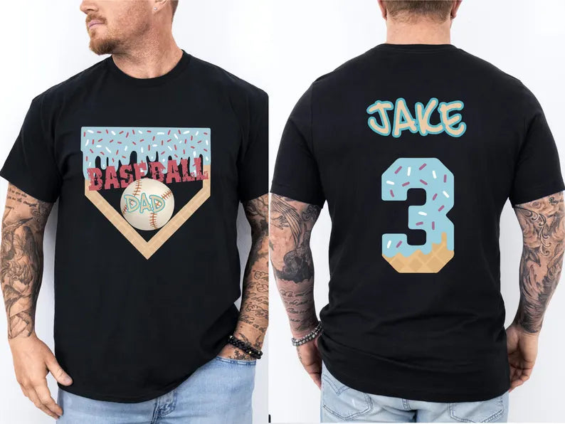Customized Baseball Ice Cream Drip T-Shirt - Name And Number Printed On The Back - Gift For Dad
