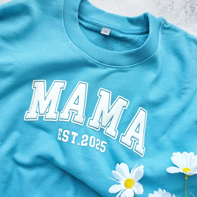 Mama Sweatshirt with Puff Lettering, Personalized Kid Names on Sleeve, Mama Sweater, Cute Gift for Mama