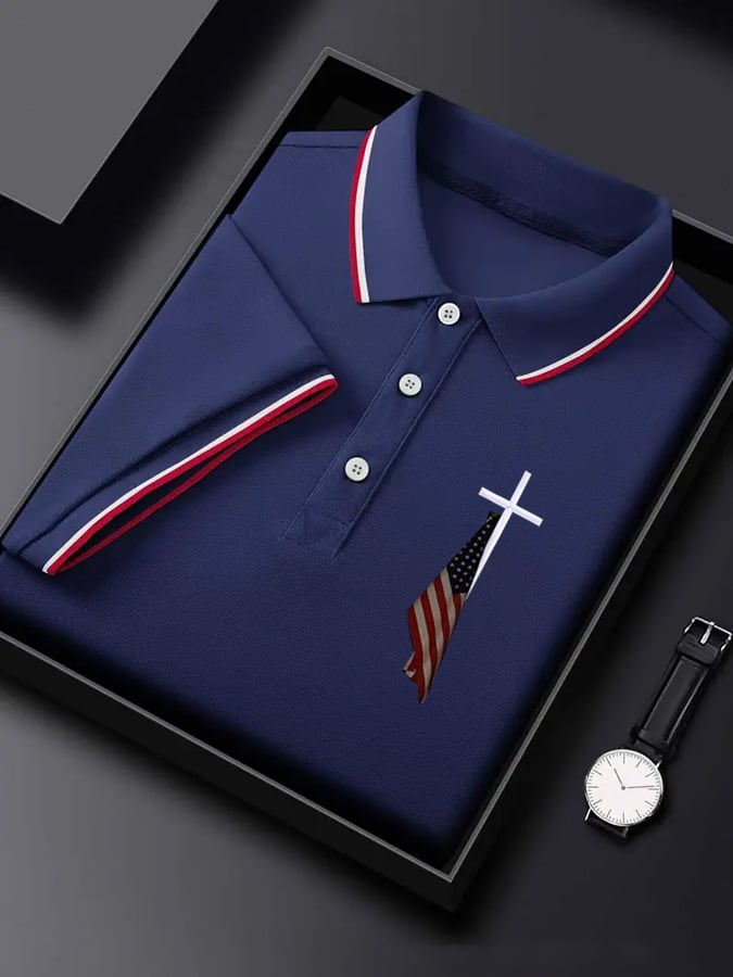 Men's Flag Cross Print Polo Shirt