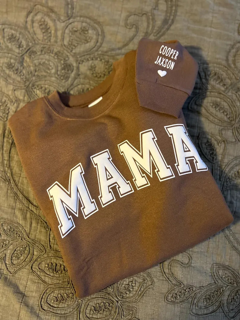 Mama Sweatshirt with Puff Lettering, Personalized Kid Names on Sleeve, Mama Sweater, Cute Gift for Mama