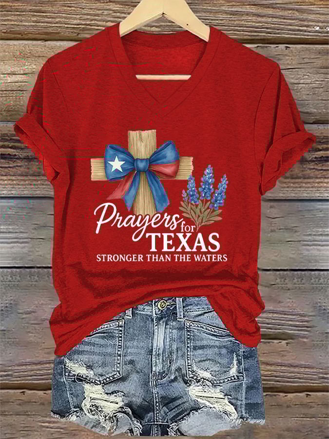 V-Neck Retro Texas Strong Prayers For Texas Stronger Than The Waters Print T-Shirt