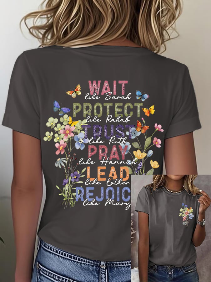 Women'S Casual Floral Faith Print Short Sleeve T-Shirt