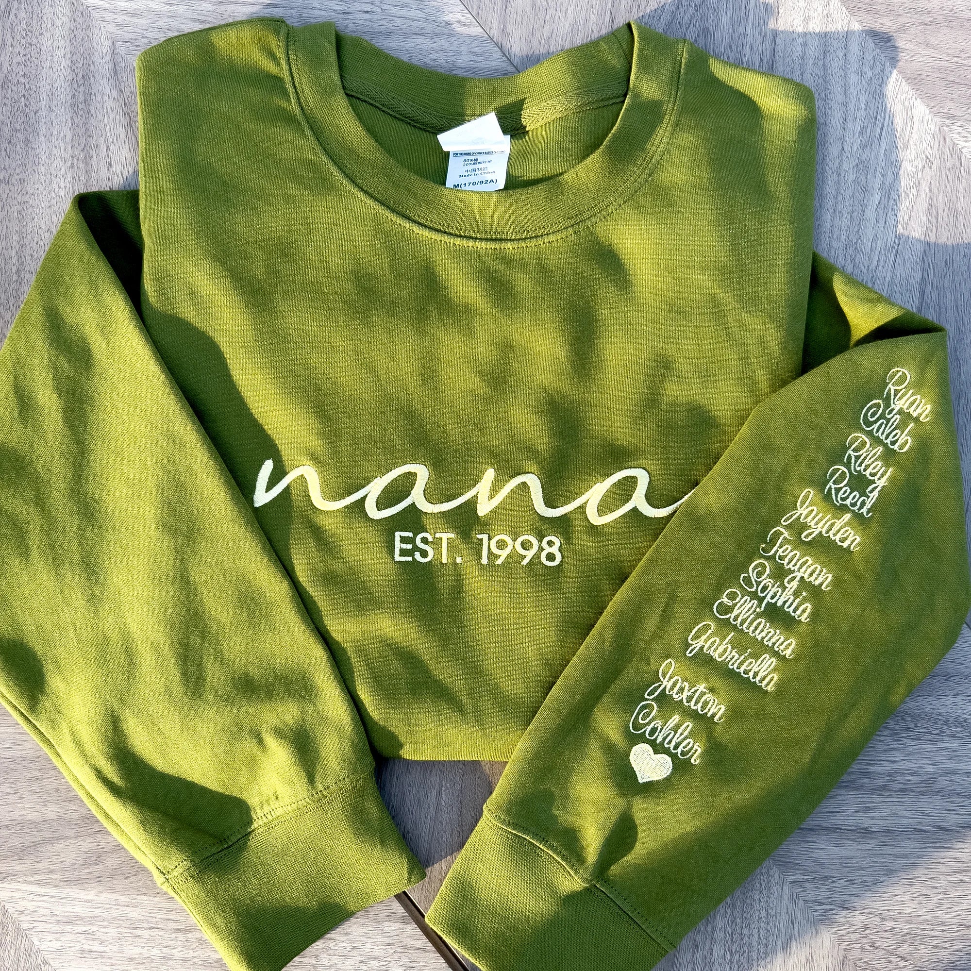 Custom Embroidered Mama/Nana Sweatshirt with Kids Names on Sleeve