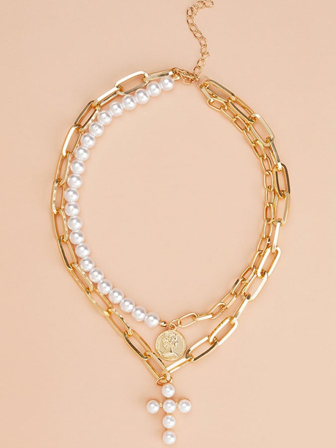 Vintage Style Cross Pearl Necklace