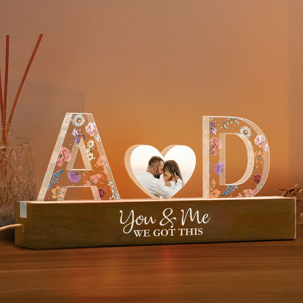 Couple Initials Floral Theme Photo Inserted Personalized Acrylic Block LED Night Light