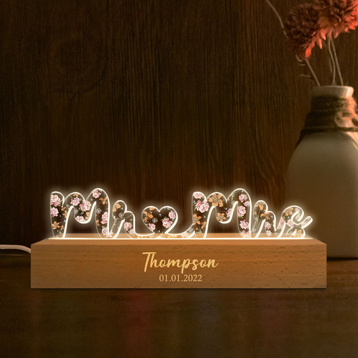 Mr & Mrs Wedding Anniversary Valentine's Day Gift for her & for him, Custom Flower Printed LED Night Light