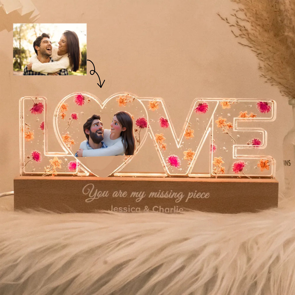 Couple Romantic Love Custom Flower Cartoon Portrait LED Night Light, Birth Month Flower, Thoughtful Valentine's Day Gift for her, Gift for him