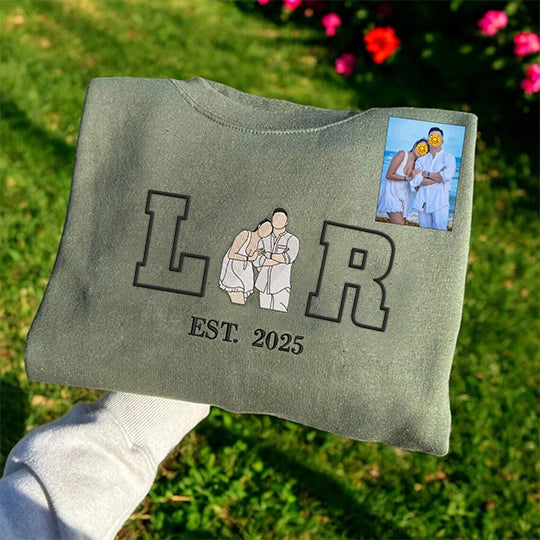Loversdovey Personalized Embroidered Photo Couple Initial Est Year Crewneck/Hoodie/T-shirt