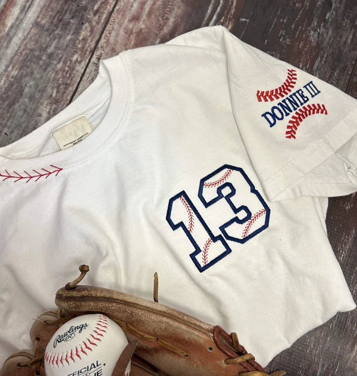 Personalized Baseball Neckline Embroidery Family Cheer T-Shirt