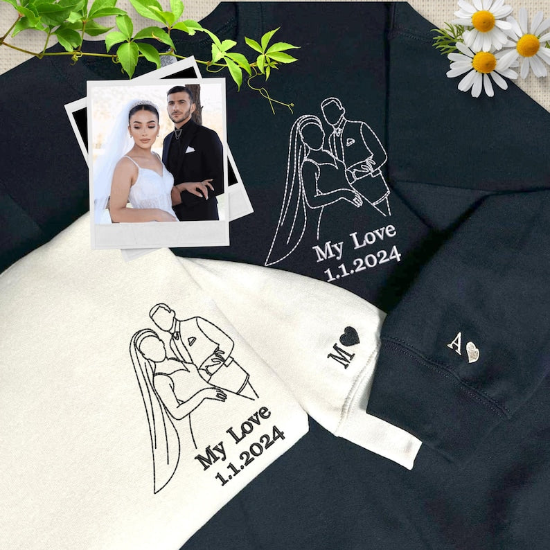 Custom Outline Embroidered Portrait from Photo-Matching Couple Hoodie