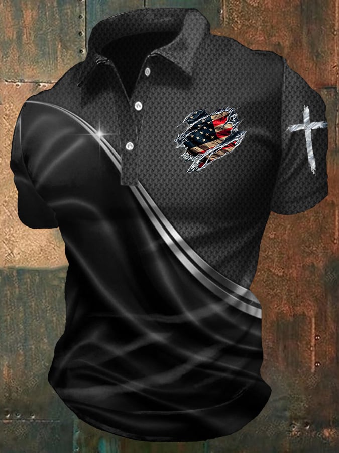 Men's Casual American Flag Cross Graphic Polo Shirt
