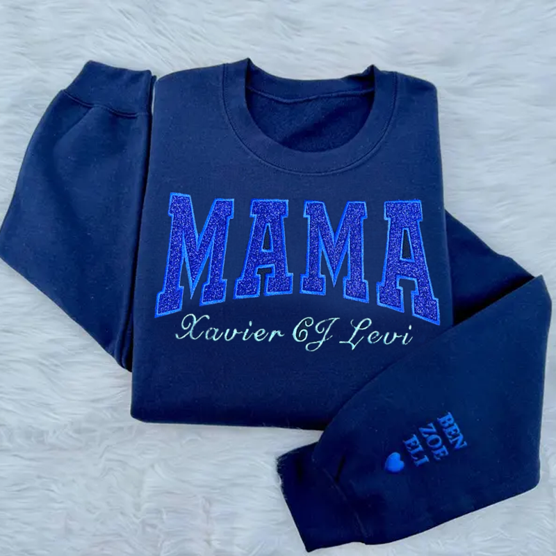 Custom Embroidered Mama Sweatshirt with Kids Names on Sleeve New Mom Hoodie Personalized Gift for Mom