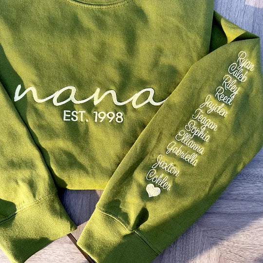 Custom Embroidered Mama/Nana Sweatshirt with Kids Names on Sleeve