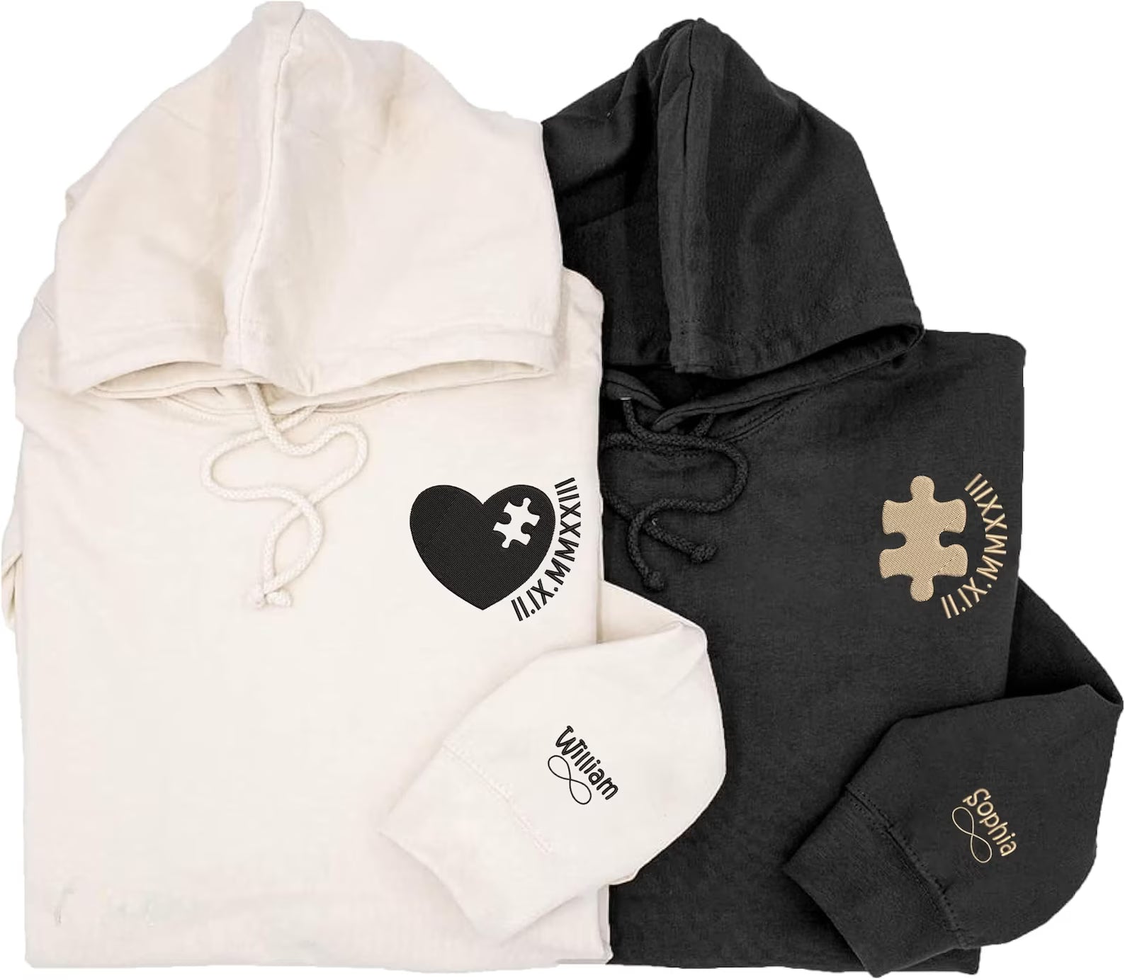 Heart and Puzzle with Roman Numeral Embroidered Matching Couple Sweatshirt