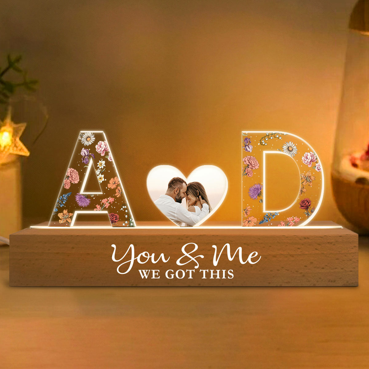 Couple Initials Floral Theme Photo Inserted Personalized Acrylic Block LED Night Light