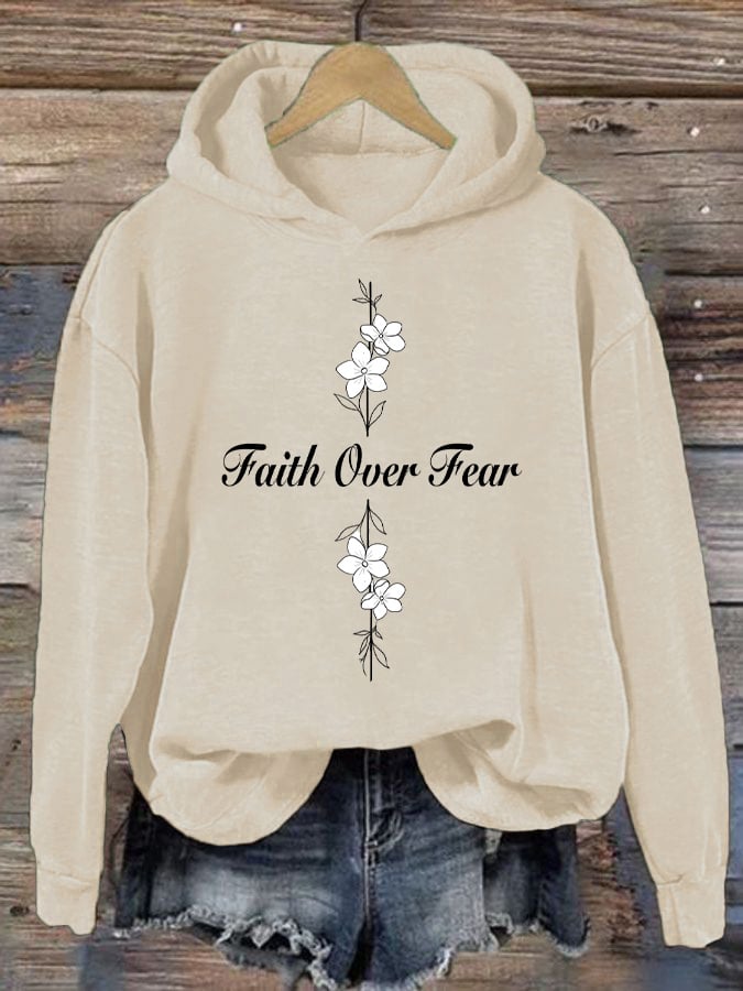 Women's Casual Faith Overcomes Fear Cross Hoodie