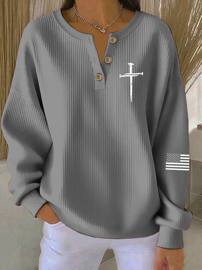 Women's Vintage Faith Cross Print Knitted Crew Neck Long Sleeve Top
