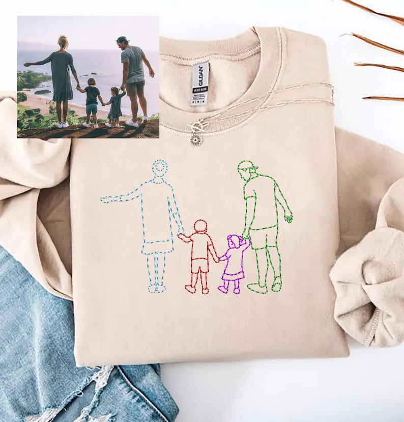 Custom Photo Embroidered Multi Color Sweatshirt, Custom Portrait From Photo Outline Photo Sweatshirt, Family Line Art Sweater, Gift for Mom
