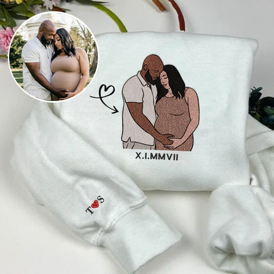 Loversdovey Custom Embroidered Hoodie Mama and Kids Portrait, Family Photo Sweatshirt