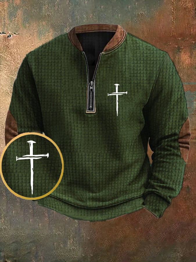 Men's Vintage Faith Cross Design Printed Zipper Collar Square Jacquard Sweatshirt