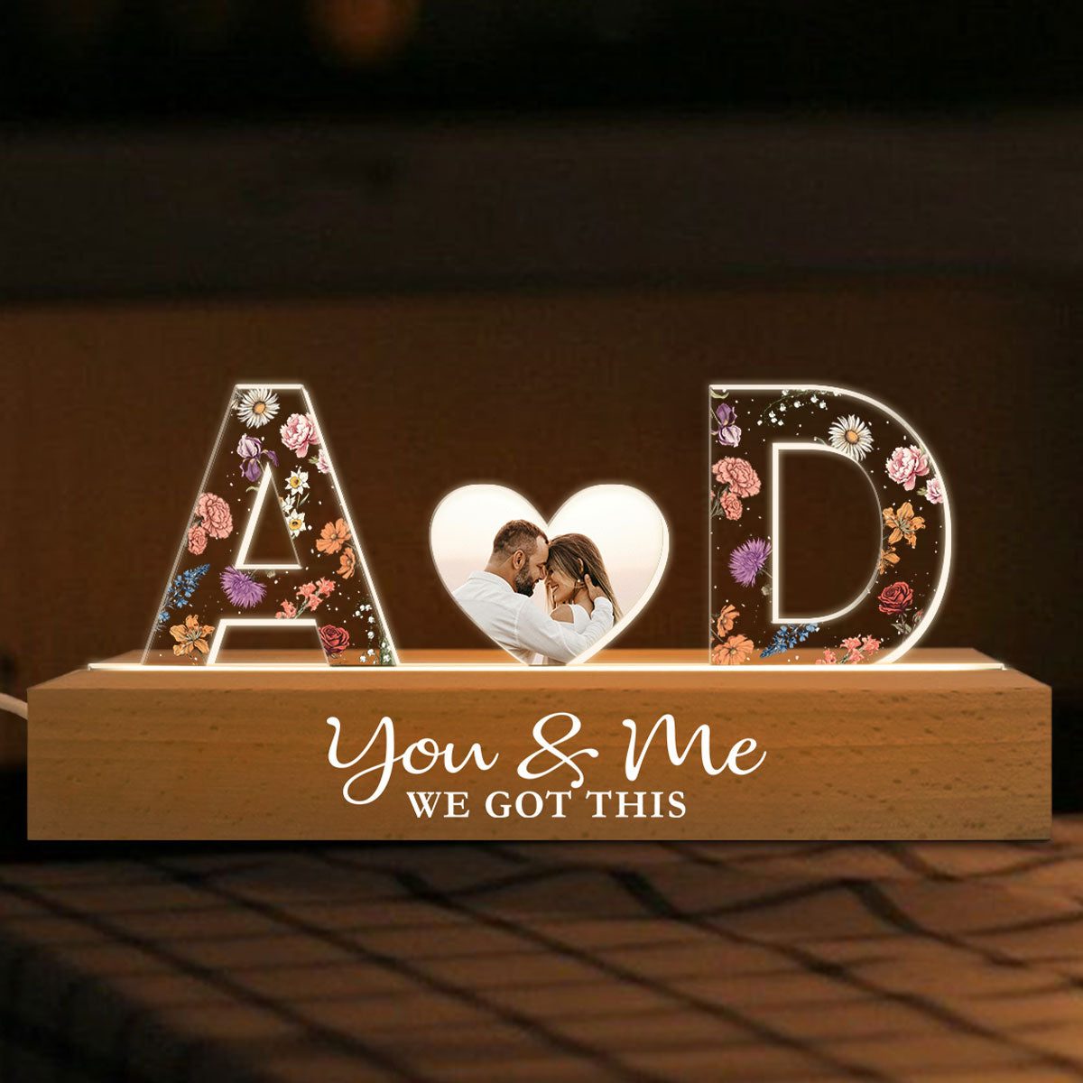 Couple Initials Floral Theme Photo Inserted Personalized Acrylic Block LED Night Light