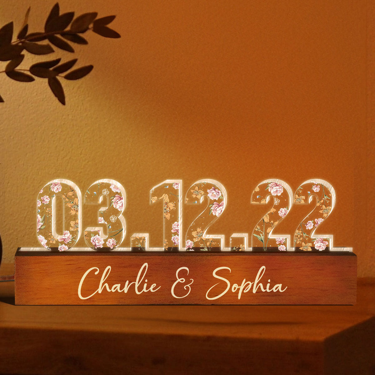 Couple Engagement Anniversary Date Custom Flower Printed LED Night Light, Valentine's Day Gift For Her, Gift For Him