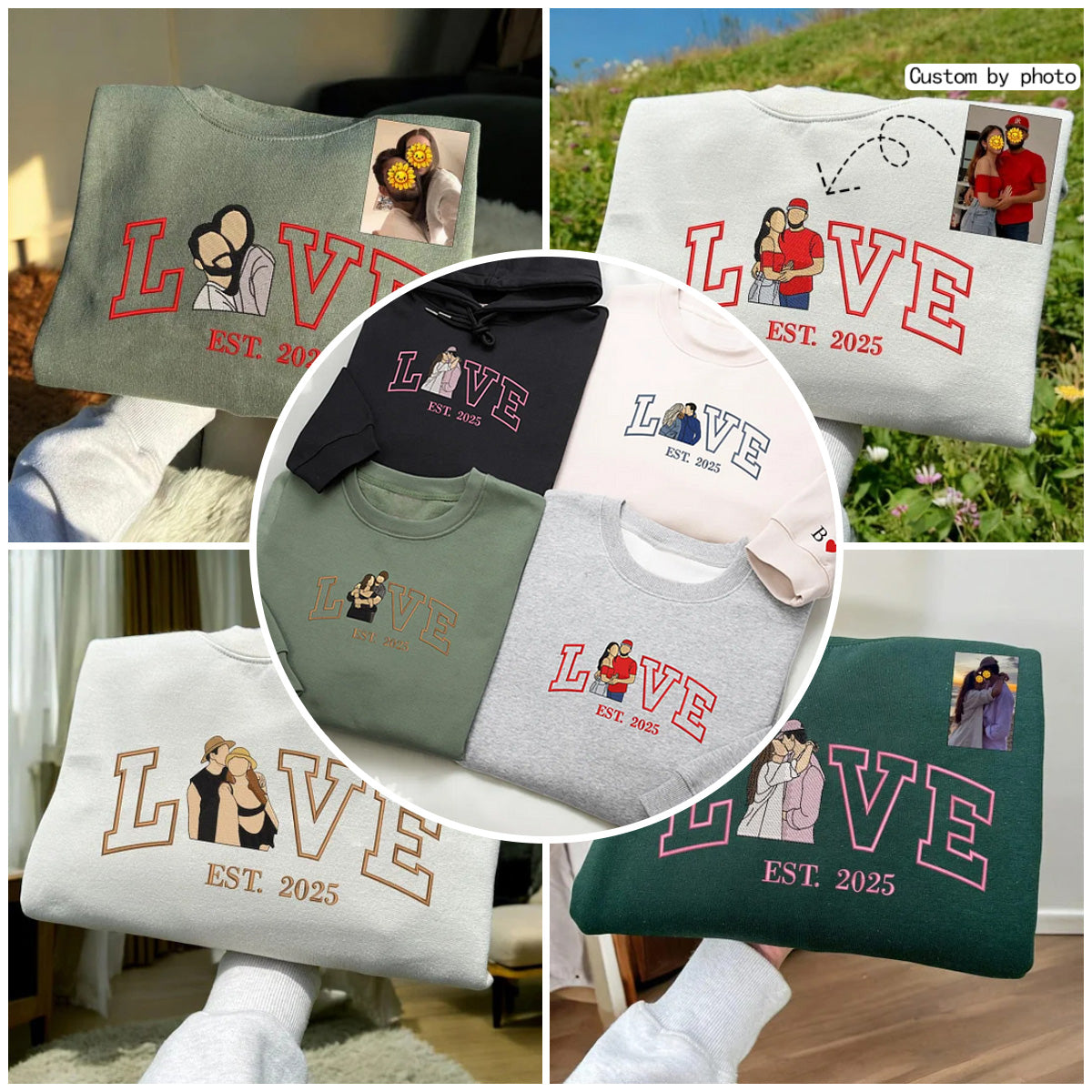 Loversdovey Personalized Embroidered Photo Couple LOVE Est Year Crewneck/Hoodie/T-shirt