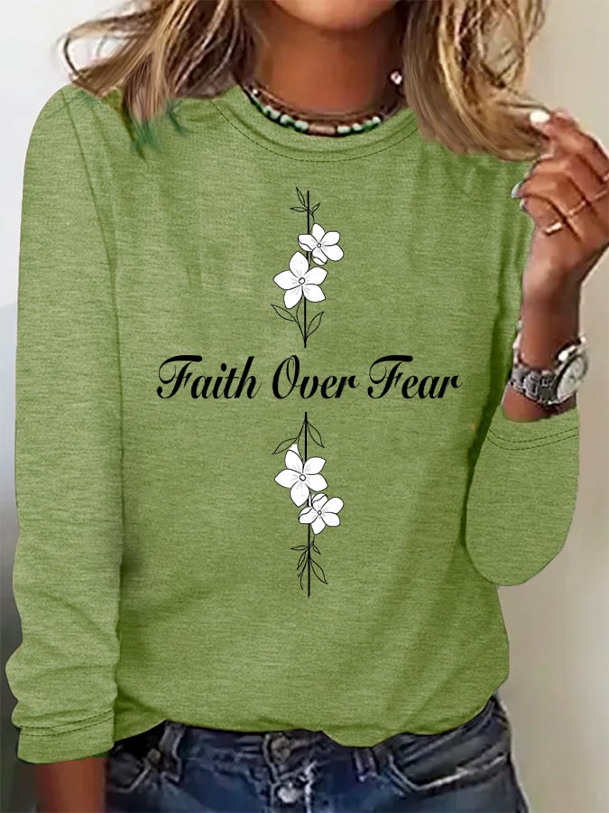 Women's Casual Faith Overcomes Fear Cross Colored Cotton Long-Sleeved T-Shirt
