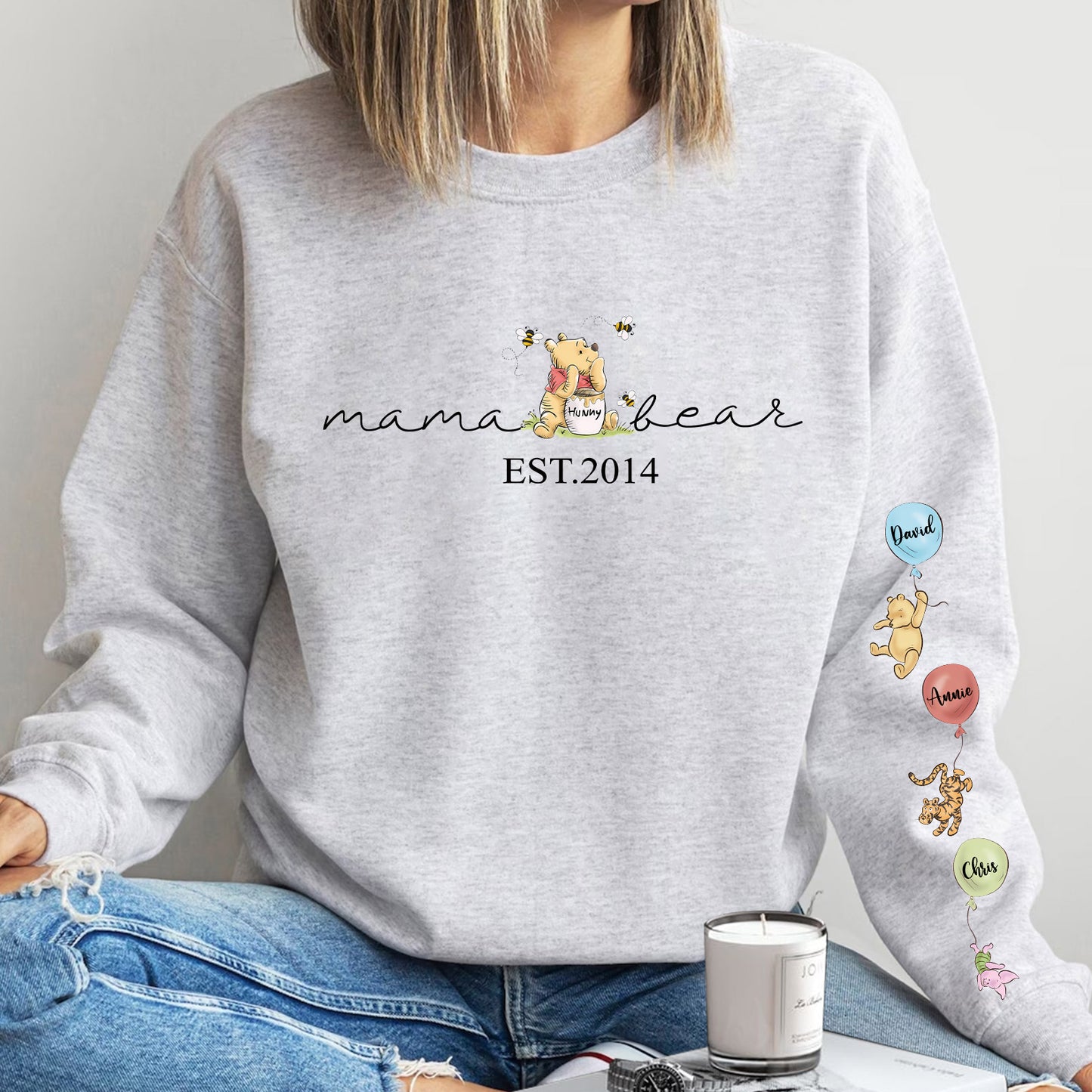 Custom Mama Bear Sweatshirt, Mama Est with Kids Names on Sleeve Sweatshirt