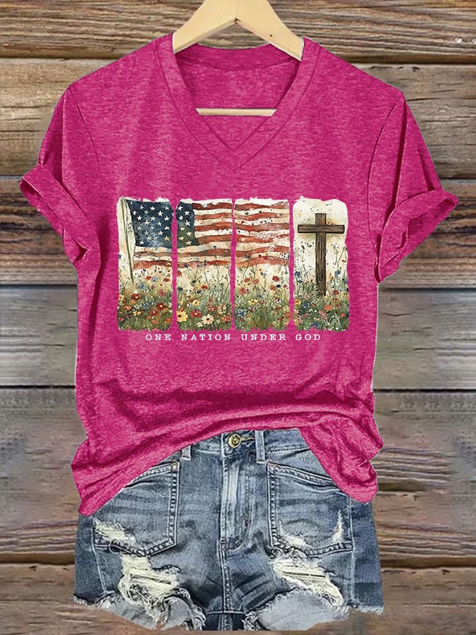 Women'S Casual One Country Under God Faith Graphic Print Short Sleeve T-Shirt