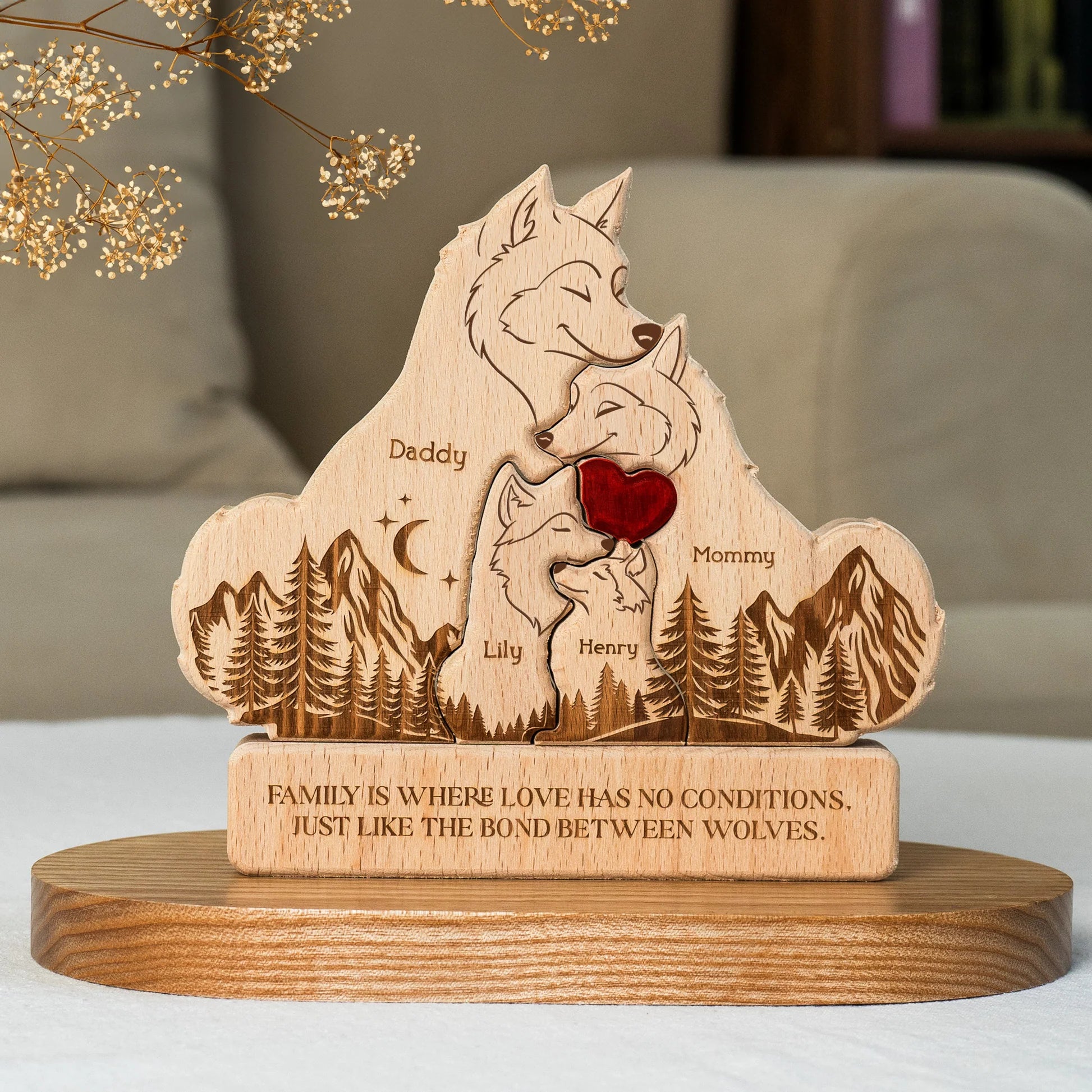 Wooden Wolf Family With Names - Personalized Wooden Wolf Family Puzzle