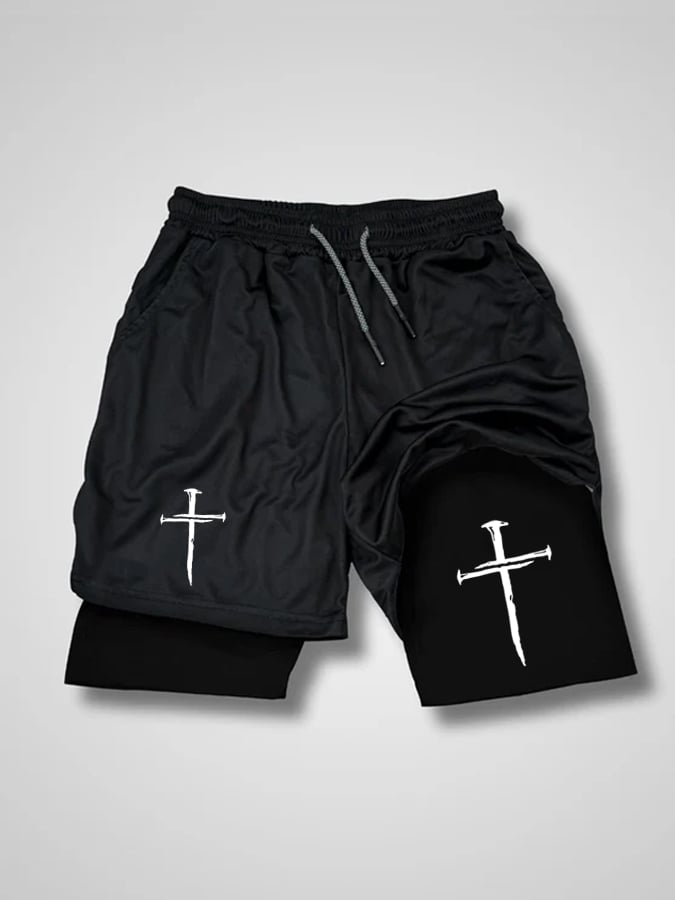 Men'S Classic Cross Print Double Layer Shorts (With Pockets)