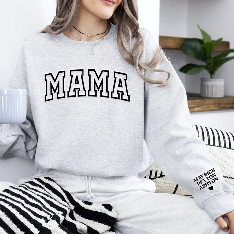 Mama Sweatshirt with Puff Lettering, Personalized Kid Names on Sleeve, Mama Sweater, Cute Gift for Mama
