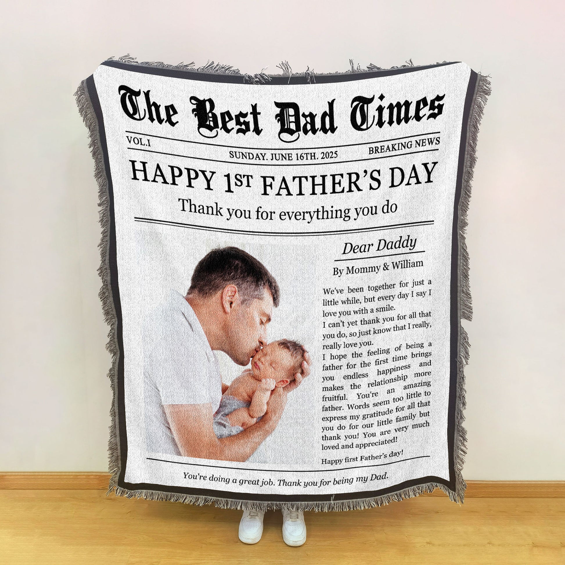 Happy 1st Father's Day Thank You For Everything - Personalized Photo Woven Blanket