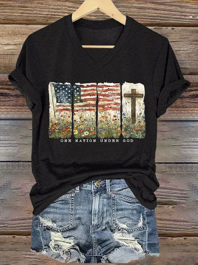 Women'S Casual One Country Under God Faith Graphic Print Short Sleeve T-Shirt