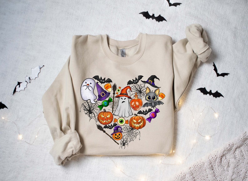Custom Embroidered Halloween Doodles Happy Halloween Heart Sweatshirt | Halloween Gift
