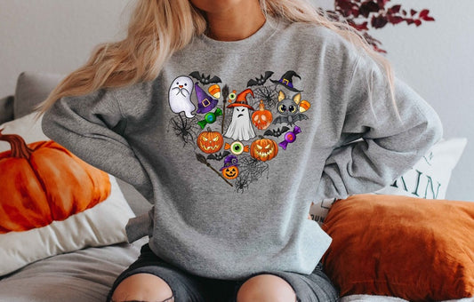 Custom Embroidered Halloween Doodles Happy Halloween Heart Sweatshirt | Halloween Gift