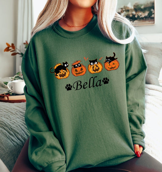 Custom Embroidered Halloween Black Cat And Pumpkin Sweatshirt | Halloween Gift