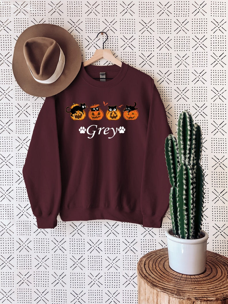 Custom Embroidered Halloween Black Cat And Pumpkin Sweatshirt | Halloween Gift